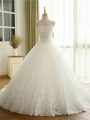 Beading and Lace and Appliques Wedding Dresses White Lace Up Sleeveless Court Train