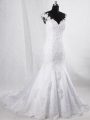 Popular V-neck Sleeveless Tulle Wedding Gown Lace Brush Train Clasp Handle