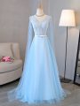 New Arrival Baby Blue Long Sleeves Beading and Belt Lace Up Evening Dress