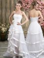 Best White A-line Tulle Off The Shoulder Sleeveless Ruffled Layers and Belt Backless Wedding Gowns Sweep Train