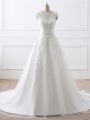 Shining White Zipper Scoop Lace Wedding Dress Tulle Sleeveless Brush Train