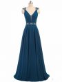 Teal Evening Dress Prom and Military Ball and Sweet 16 with Beading V-neck Cap Sleeves Lace Up