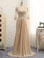 Champagne Mother Of The Bride Dress Chiffon Brush Train Long Sleeves Beading and Lace and Appliques