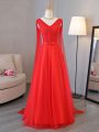 Lovely Sleeveless Floor Length Lace and Belt Lace Up with Red