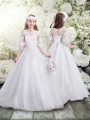 A-line Toddler Flower Girl Dress White Scoop Tulle Half Sleeves Floor Length Lace Up