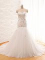 White Sweetheart Lace Up Beading and Appliques Wedding Dress Brush Train Sleeveless