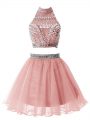 Pretty Pink A-line Organza High-neck Sleeveless Beading Knee Length Zipper Bridesmaid Gown