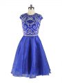 Blue Scoop Zipper Beading Cocktail Dress Cap Sleeves