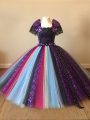 Custom Designed Floor Length Multi-color Little Girls Pageant Gowns Tulle Short Sleeves Sequins and Pattern