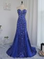 Adorable Royal Blue Column/Sheath Beading and Sequins Evening Gowns Zipper Tulle and Sequined Sleeveless