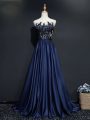 Pretty Navy Blue Empire Taffeta Scoop Sleeveless Beading and Appliques Zipper Brush Train
