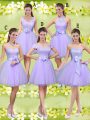 Cute Tulle V-neck Sleeveless Lace Up Lace and Belt Wedding Party Dress in Lilac