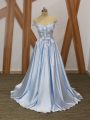 Exquisite Floor Length Light Blue Evening Outfits Elastic Woven Satin Sleeveless Appliques and Belt