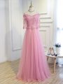 Artistic Pink A-line Off The Shoulder 3 4 Length Sleeve Tulle Floor Length Lace Up Beading and Lace and Appliques Mother Of The Bride Dress