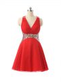Red Club Wear Prom and Party and Sweet 16 with Beading V-neck Sleeveless Criss Cross