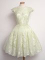 Latest Cap Sleeves Lace Knee Length Lace Up Quinceanera Court Dresses in Light Yellow with Lace