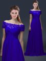 Blue Lace Up Off The Shoulder Appliques Mother Of The Bride Dress Chiffon Short Sleeves