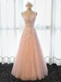 Luxury A-line Evening Dress Peach Scoop Tulle Sleeveless Floor Length Lace Up