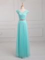 Elegant Aqua Blue Empire V-neck Cap Sleeves Tulle and Lace Floor Length Lace Up Beading and Appliques Mother Of The Bride Dress