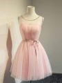 Baby Pink Long Sleeves Belt Knee Length Bridesmaid Gown