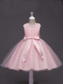 Attractive Knee Length Baby Pink Kids Formal Wear Tulle Sleeveless Lace and Belt