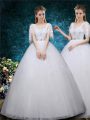 Adorable White Short Sleeves Floor Length Beading and Appliques Lace Up Wedding Dresses