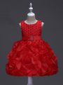 Cute Knee Length Lace Up Little Girls Pageant Dress Red for Wedding Party with Ruffles and Belt