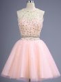Sleeveless Knee Length Beading Lace Up Wedding Party Dress with Peach