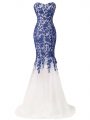 Brush Train Mermaid Evening Outfits Blue And White Sweetheart Tulle Sleeveless Zipper