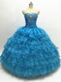 Floor Length Teal 15th Birthday Dress Organza Sleeveless Beading and Ruffles