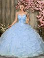 Customized Floor Length Lace Up Quince Ball Gowns Light Blue for Military Ball and Sweet 16 and Quinceanera with Beading and Ruffles