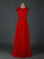 Red Chiffon Zipper Mother Of The Bride Dress Cap Sleeves Floor Length Beading