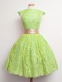 High-neck Cap Sleeves Wedding Party Dress Knee Length Belt Yellow Green Lace