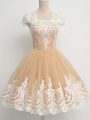 Lace Bridesmaids Dress Champagne Zipper Cap Sleeves Knee Length