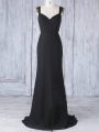 Inexpensive Black Bridesmaid Gown Straps Sleeveless Sweep Train Zipper