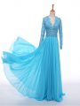 Custom Made Baby Blue Evening Wear Prom and Party and Military Ball with Lace and Appliques V-neck Long Sleeves Zipper