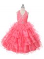Beading and Ruffled Layers Little Girls Pageant Gowns Coral Red Lace Up Sleeveless Floor Length