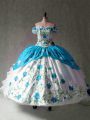 Chic Blue And White Cap Sleeves Organza and Taffeta Lace Up 15th Birthday Dress for Military Ball and Sweet 16 and Quinceanera