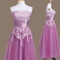 Tea Length Empire Sleeveless Lilac Bridesmaid Gown Lace Up