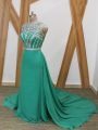 Vintage Sleeveless Chiffon Watteau Train Side Zipper Celebrity Dresses in Turquoise with Beading