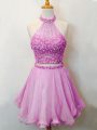Pretty Knee Length Two Pieces Sleeveless Lilac Bridesmaids Dress Lace Up