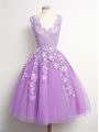 Exquisite Lilac A-line Appliques Wedding Party Dress Lace Up Tulle Sleeveless Knee Length