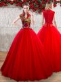 Customized Red Ball Gowns Organza High-neck Short Sleeves Appliques Floor Length Lace Up Vestidos de Quinceanera