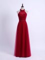 Dynamic Wine Red Tulle Lace Up Halter Top Sleeveless Floor Length Quinceanera Court of Honor Dress Lace and Appliques