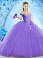Dynamic Lavender Lace Up Off The Shoulder Beading Quinceanera Gown Organza Sleeveless Brush Train