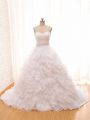 White Ball Gowns Sweetheart Sleeveless Tulle Brush Train Lace Up Beading and Ruffles Wedding Dresses