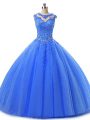 Floor Length Lace Up Quinceanera Dresses Blue for Military Ball and Sweet 16 and Quinceanera with Beading and Lace