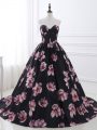 Sweetheart Sleeveless Printed Military Ball Gowns Ruching Brush Train Lace Up