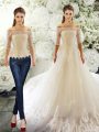 White Two Pieces Off The Shoulder Half Sleeves Tulle Court Train Clasp Handle Lace Wedding Gown