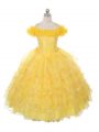 Yellow Ball Gowns Organza Off The Shoulder Sleeveless Ruffles and Ruffled Layers Floor Length Lace Up Little Girl Pageant Dress